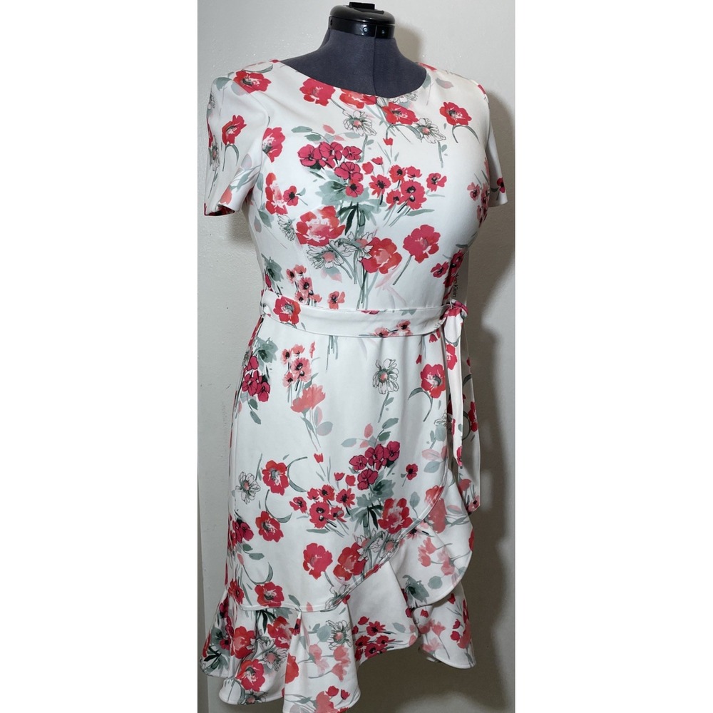 Calvin Klein Floral Faux Wrap Dress Ruffle Cottagecore White Red Size 12